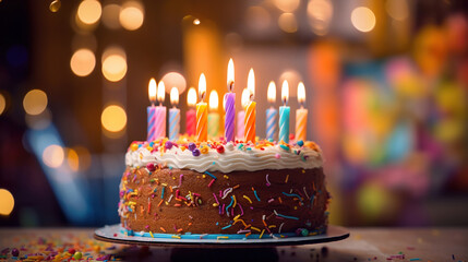 birthday cake with candles in dinning room. Generative Ai