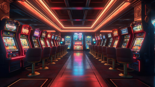Fototapeta Entertainment area illuminated with casino machines at night. Generative Ai