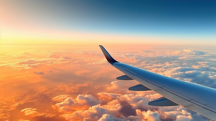 Obraz premium View from airplane window to see sky on evening time. Generative Ai