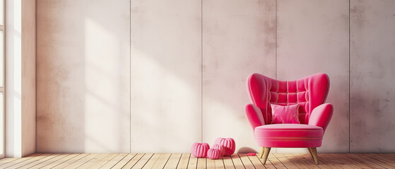 generative ai illustration of a pink armchair with pink decoration on a wooden floor, copy space