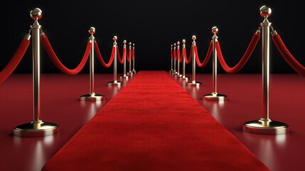 Red carpet with barriers and red ropes. Generative Ai