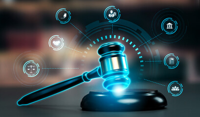 Smart law, legal advice icons and lawyer working tools in the lawyers office showing concept of digital law and online technology of astute law and regulations .