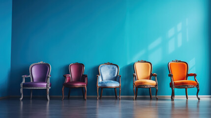 Modern colorful vintage chairs standing in interior empty blue room for copy space. Generative Ai