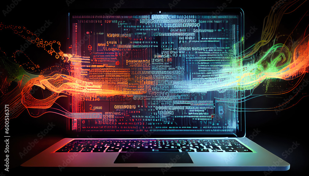 Poster laptop screen show abstract computer code. generative ai