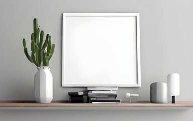This picture shows a blank picture frame on a gray wall in a white living room. It has a modern Scandinavian style with a simple and clean design.