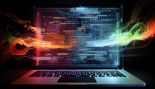 Laptop screen show abstract computer code. Generative AI