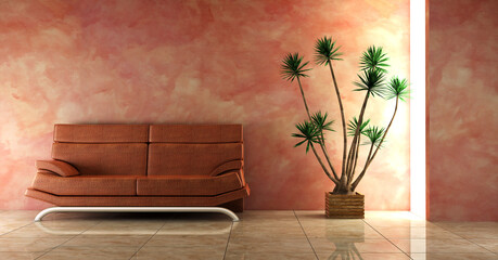 3d interior in pink colour with modern couch