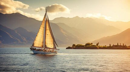 Sailboat in the sea in the evening sunlight over beautiful big mountains background. Generative Ai