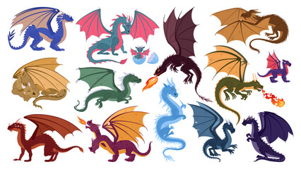 Fantasy dragons. Cartoon scary fire breathing flying reptiles, fairy dragon characters flat vector illustration set. Winged magic dragons collection