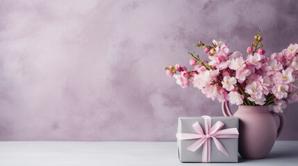 Gift box and flowers, anniversary concept, pastel colour background, Generative AI