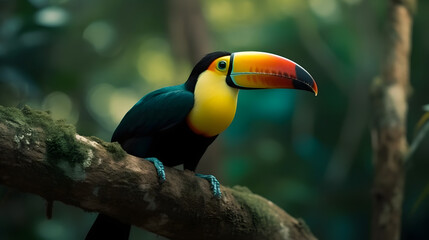 Obraz premium Tropical bird toucan on a tree in the jungle. AI generated.