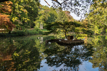 The lake at the idyllic Monza Park, surrounding the Royal Villa of Monza, Lombardy region, Italy