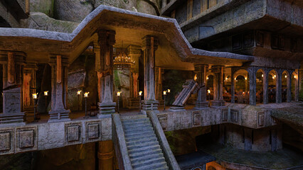 Fantasy underground mine and home of the dwarves lit by burning fire torches. 3D rendering.