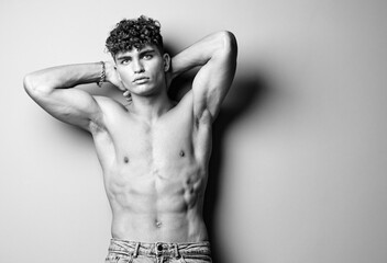 Fototapeta premium man shirtless fitness naked strong healthy male model black and white black trendy sport athlete
