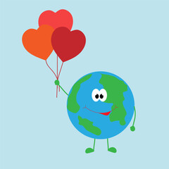 Smiling planet holds heart balloons in her hand.