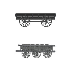Silhouette wooden wagon set. Vintage carriage, wild west vehicles, farm carts with four-wheel, ancient, traditional, history concept.