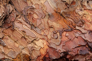 Closeup of rich textures and colors of ponderosa pine bark
