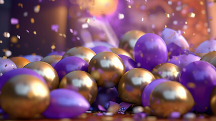 purple and gold foil balloons with a background of sparkles. Generative Ai