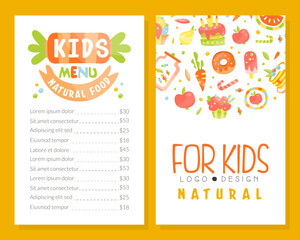Kids menu natural food. Healthy tasty dishes and desserts for children. Cafe and restaurant menu design cartoon vector