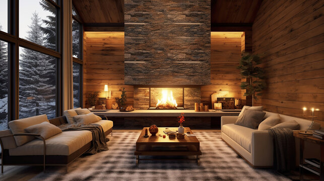 Modern Cottage Living Room Decor with Wood Wall and Furniture. Rustic Home Design. Generative Ai