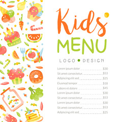 Cute colorful kids meal menu placemat. Healthy tasty dishes for children banner, placard, brochure cartoon vector
