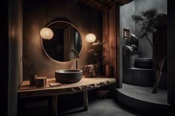 Contemporary Bathroom Retreat Featuring a Freestanding Bathtub, Japandi Style, Boho-Scandinavian Elements, and a Calming Color Scheme