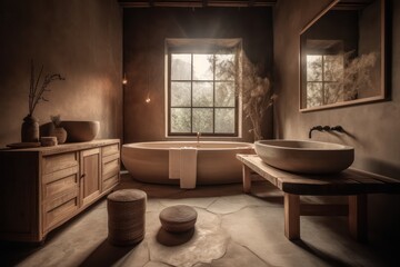 Fototapeta na wymiar Stylish Bathroom with Japandi Aesthetics, Boho-Scandinavian Touches, Freestanding Bathtub, and Soothing Natural Colors..