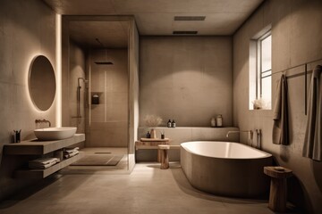 Naklejka na ściany i meble Luxurious Bathroom Oasis with Freestanding Tub, Japandi Design, and Boho-Scandinavian Accents in a Harmonious Color Palette..