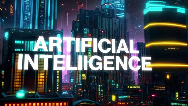 Artificial Intelligence type animation set against 3d render of a bustling cyberpunk metropolis city. Featuring a generative ai look and modern animation. 
