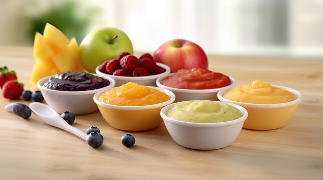 Baby food. Various bowls of fruit and vegetable puree with ingredients for cooking on wooden table. Generative Ai