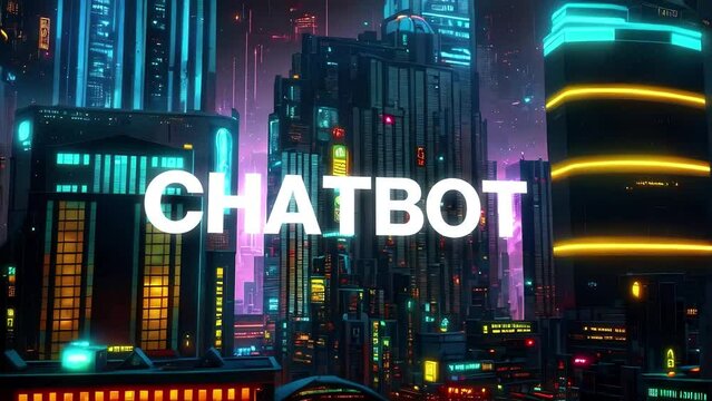 Chatbot type animation set against 3d render of a bustling cyberpunk metropolis city. Featuring a generative ai look and modern animation. 
