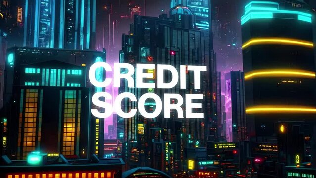 Credit Score type animation set against 3d render of a bustling cyberpunk metropolis city. Featuring a generative ai look and modern animation. 
