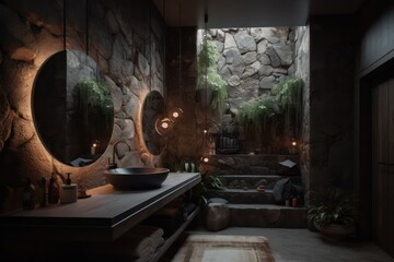 Luxurious Nature-Inspired Bathroom with Natural Light and Stunning Rock Walls, LED lights and hanging plants..
