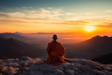 Monk in Meditation on a mountain peak, sunset colors sky. Buddhism and calm in nature concept. Generative AI