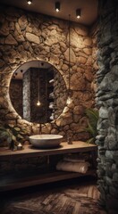Luxurious Bathroom with Rock Wall Accents, Freestanding Tub, and LED lighting behind the mirror wall.