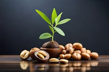hazelnuts and some leaves with gradien background created with Generative AI technology	