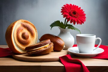 some bread, a flower & a cup with a red scarf created with Generative AI technology	