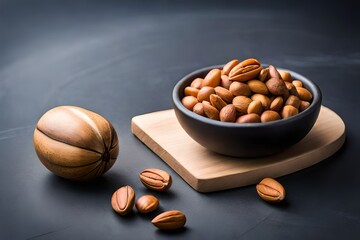 some nuts on a wooden bowl on a wooden plate and some nuts on the ground with black background created with Generative AI technology	