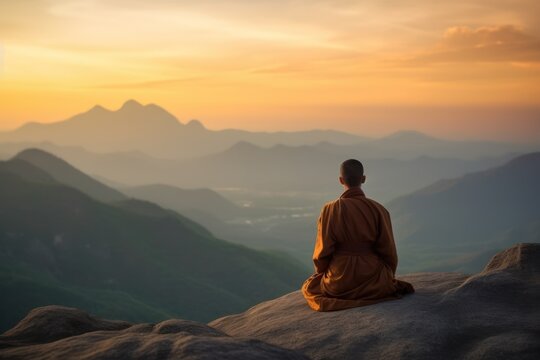 Monk in Meditation on a mountain peak, sunrise colors sky. Buddhism concept. Generative AI