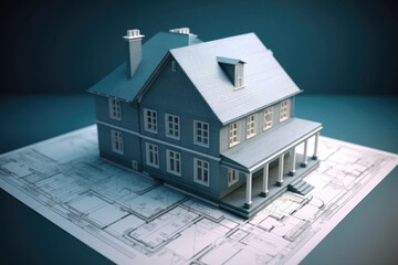 Model of house building standing on architectural plan. Technical project of new house. Drawing for construction. Created with Generative AI