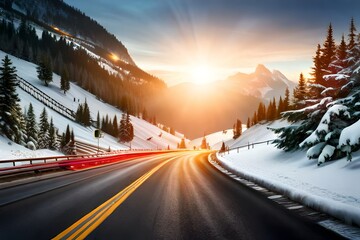 sunset in winter on the road between mountains created with Generative AI technology