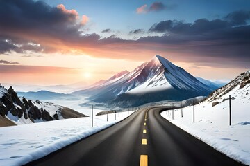 road  to the snowy mountain created with Generative AI technology