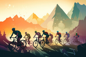 Cyclists team riding on bicycles, color drawing. Bike race banner. Active sport sticker. Created with Generative AI
