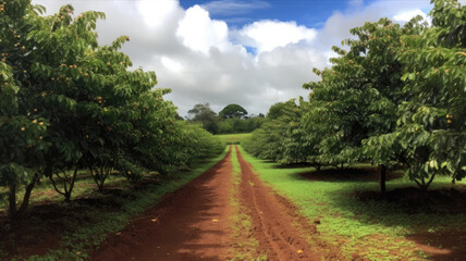 Fototapeta premium Coffee plantation. Landscape with coffee trees. Ripening coffee berry, organic harvest. Created with Generative AI