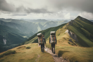 Obraz premium Group of tourist hiking in mountains. Travelers with backpacks in mountains. Adventures and discoveries in nature, outdoor activities. Created with Generative AI