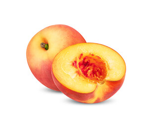 Peach fruit isolated on white background. Two peach fruits whole and cut half