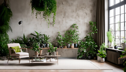 interior design room with a lot of plants. AI generated image