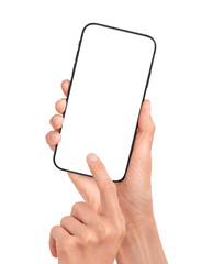 Hand holds smartphone mockup. Mobile phone template with blank screen. Cell phone device isolated on white or transparent background.
