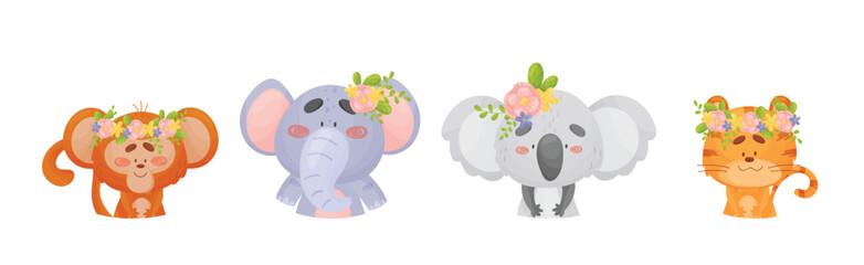 Cartoon Animals with Flower Decoration on Their Heads Vector Set