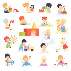 Baby Boy and Girl Playing Toys in Nursery Big Vector Set